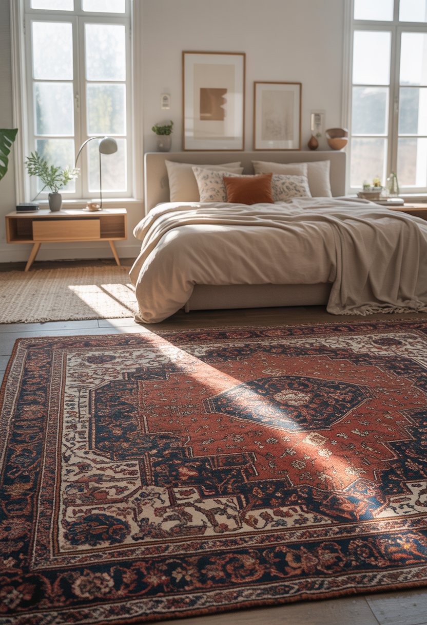 A bright bedroom with a neatly made bed and a colorful vintage Persian rug on the floor.