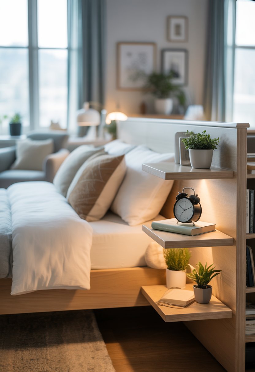 A modern bedroom with floating bedside shelves holding plants, books, and a lamp next to a neatly made bed.