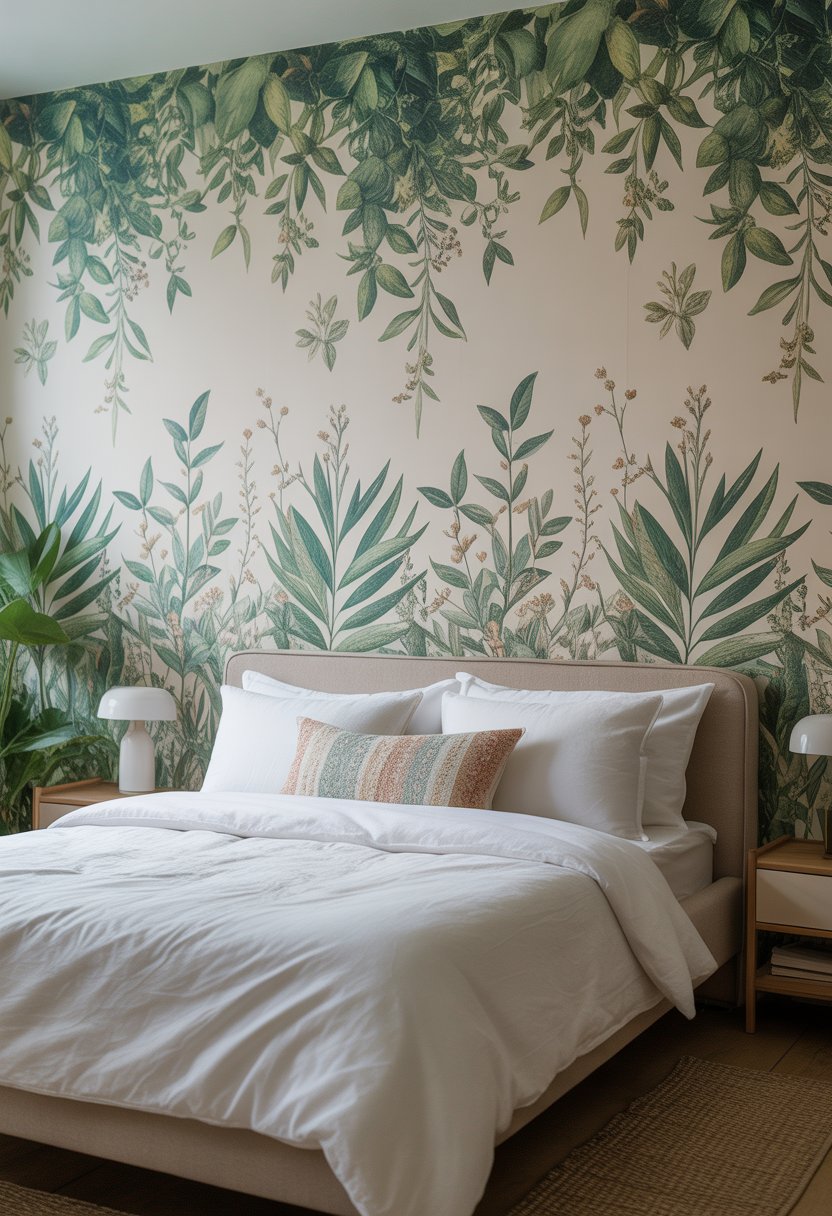 A bedroom with a bed in front of botanical wallpaper featuring green leaves and flowers, with bedside tables and soft natural light.
