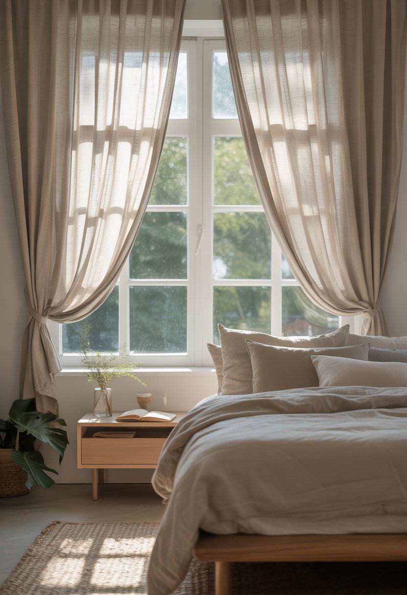 A bedroom with a large window covered by light linen curtains, sunlight streaming in, and a neatly made bed nearby.
