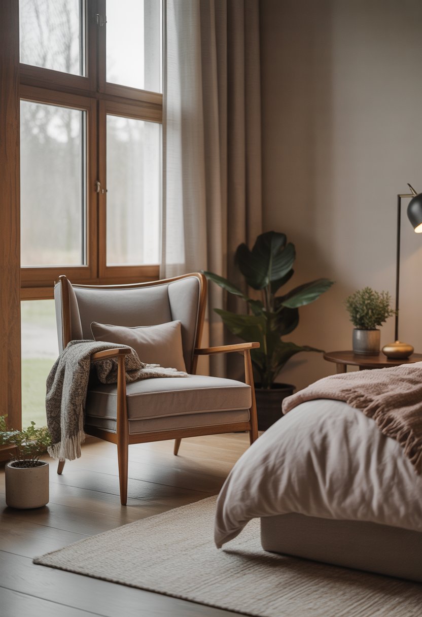 A bedroom with a comfortable armchair near a window, a small table with a plant, and a neatly made bed in a bright, cozy setting.