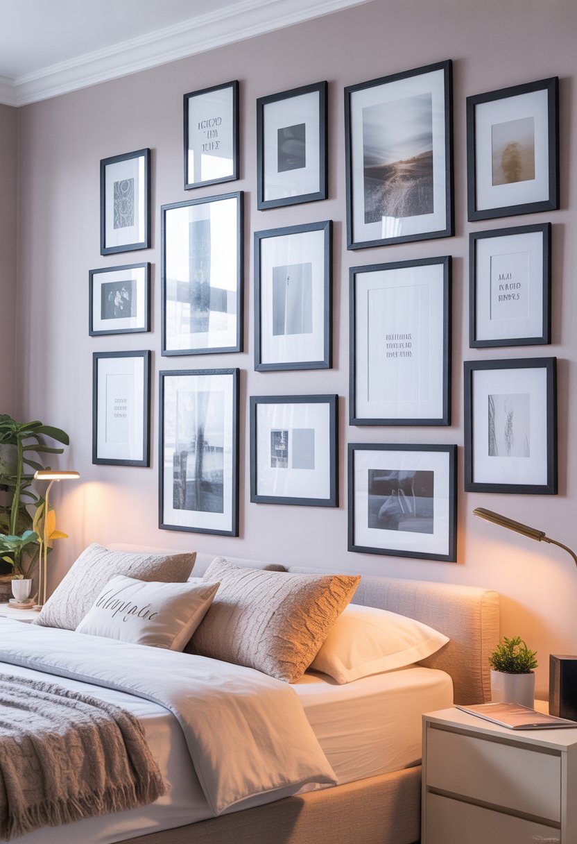 A bedroom with a gallery wall of black frames above a neatly made bed, featuring various artworks and soft natural lighting.