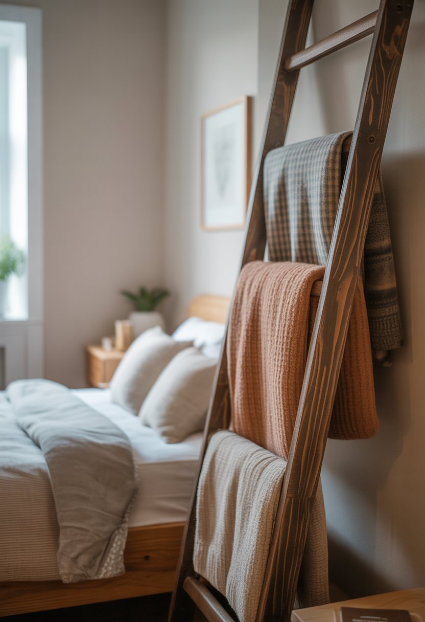 A wooden ladder leaning against a bedroom wall used to hang folded blankets next to a made bed.
