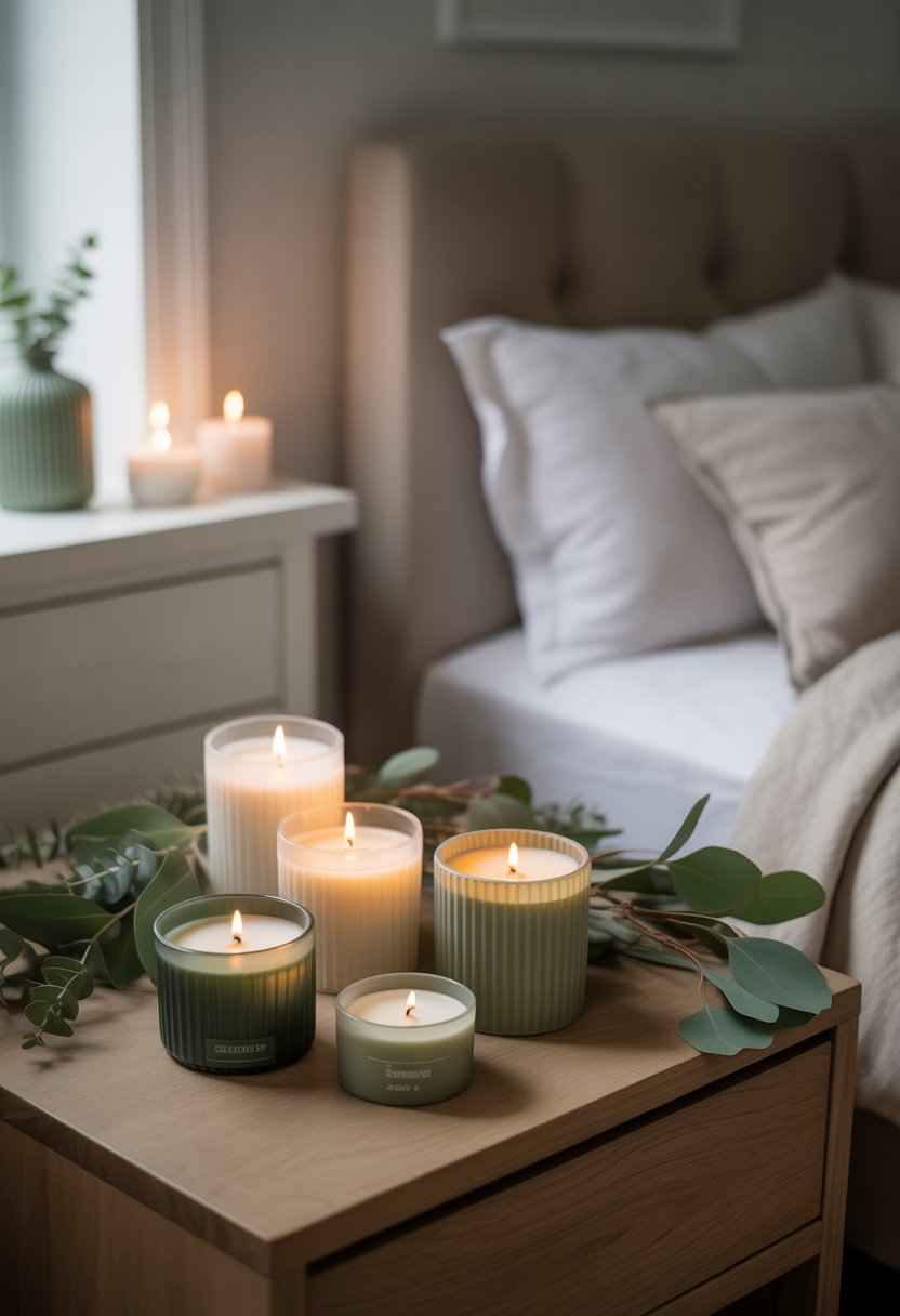 A bedroom with lit soy candles and eucalyptus leaves on a bedside table, creating a calm and refreshing atmosphere.