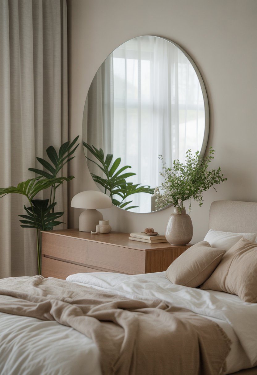 A bright bedroom with a large oval wall mirror above a wooden dresser, a neatly made bed, and green plants.