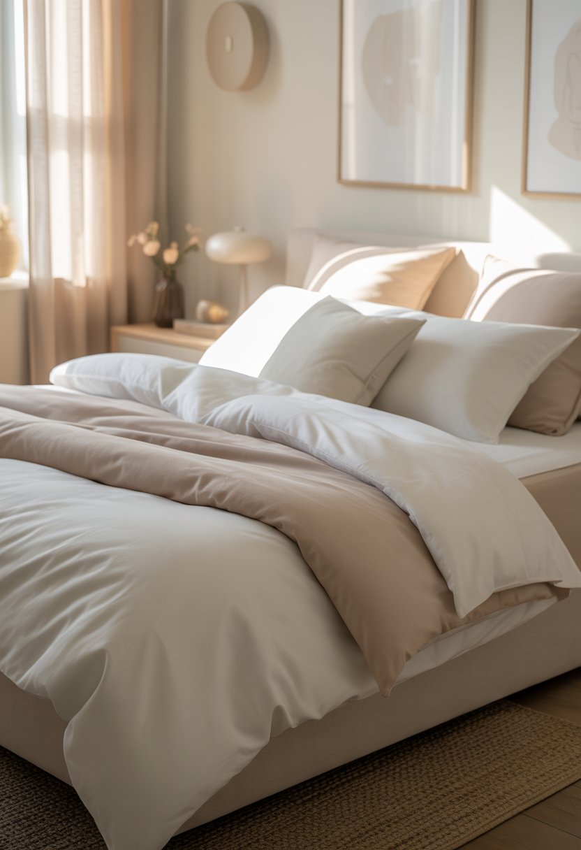 A neatly made bed with soft white bedding in a bright bedroom with natural light and simple decor.