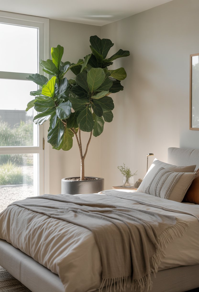 A bright bedroom with a large fiddle leaf fig tree in a planter near a window, a neatly made bed, and minimalist furniture.