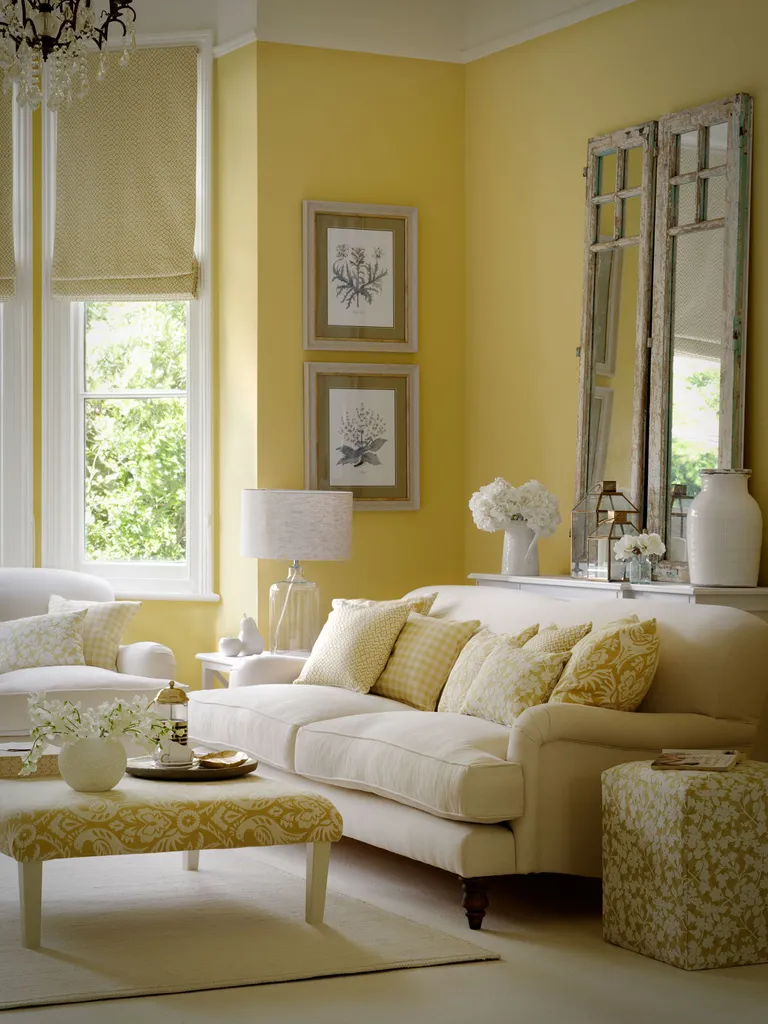 A yellow and cream living room with lush upholstery and a mix of yellow and white patterned fabrics.