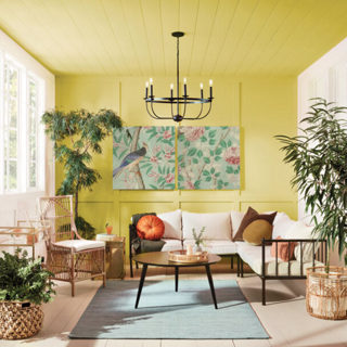 A living room with a yellow paneled ceiling, and comfortable white upholstery.