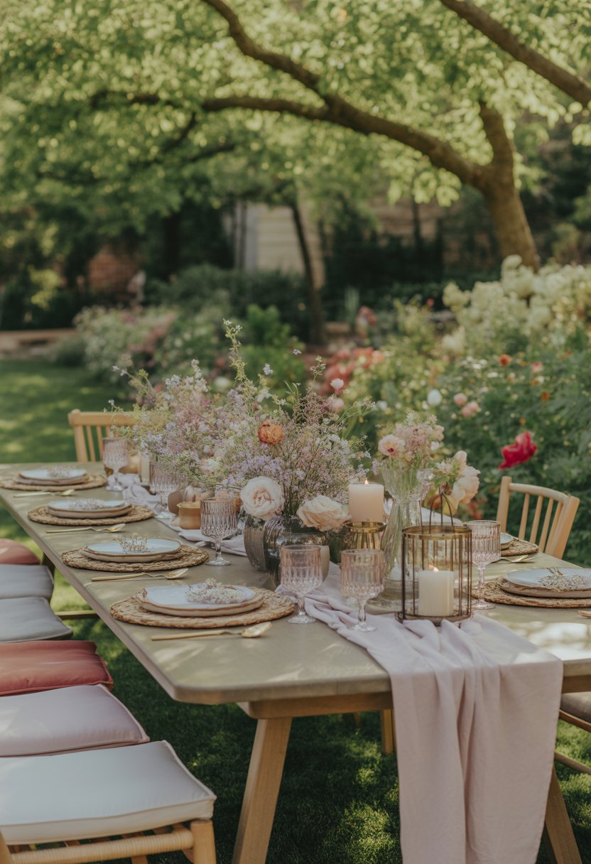 An outdoor garden scene with a long wooden table decorated with flowers, candles, and tableware, surrounded by greenery and trees.