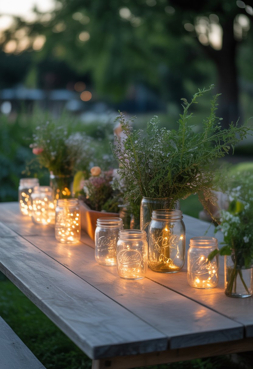 Outdoor wooden table decorated with mason jars filled with fairy lights surrounded by plants and flowers at dusk.
