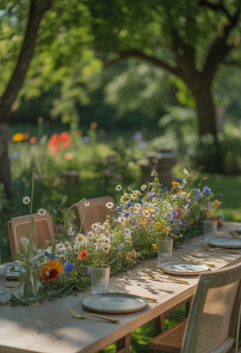 An outdoor dining table in a garden with a floral table runner decorated with colorful wildflowers and set for a meal.