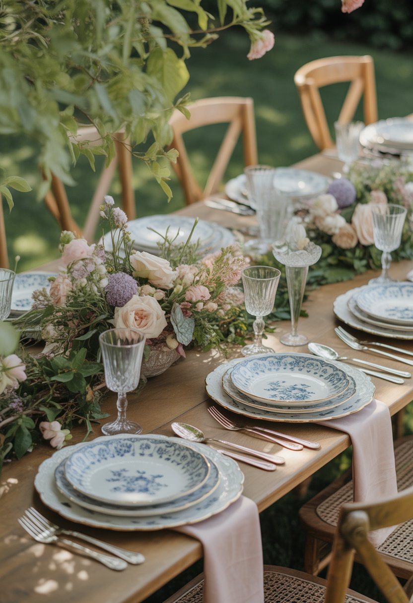An outdoor garden table set with vintage China plates, floral centerpieces, glassware, and silverware surrounded by greenery and flowers.