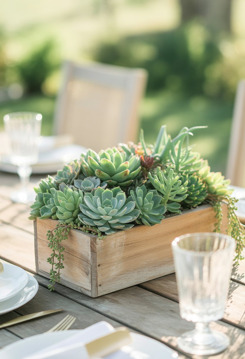 Outdoor garden table with a wooden box filled with green succulents as the centerpiece, surrounded by simple tableware and glassware.