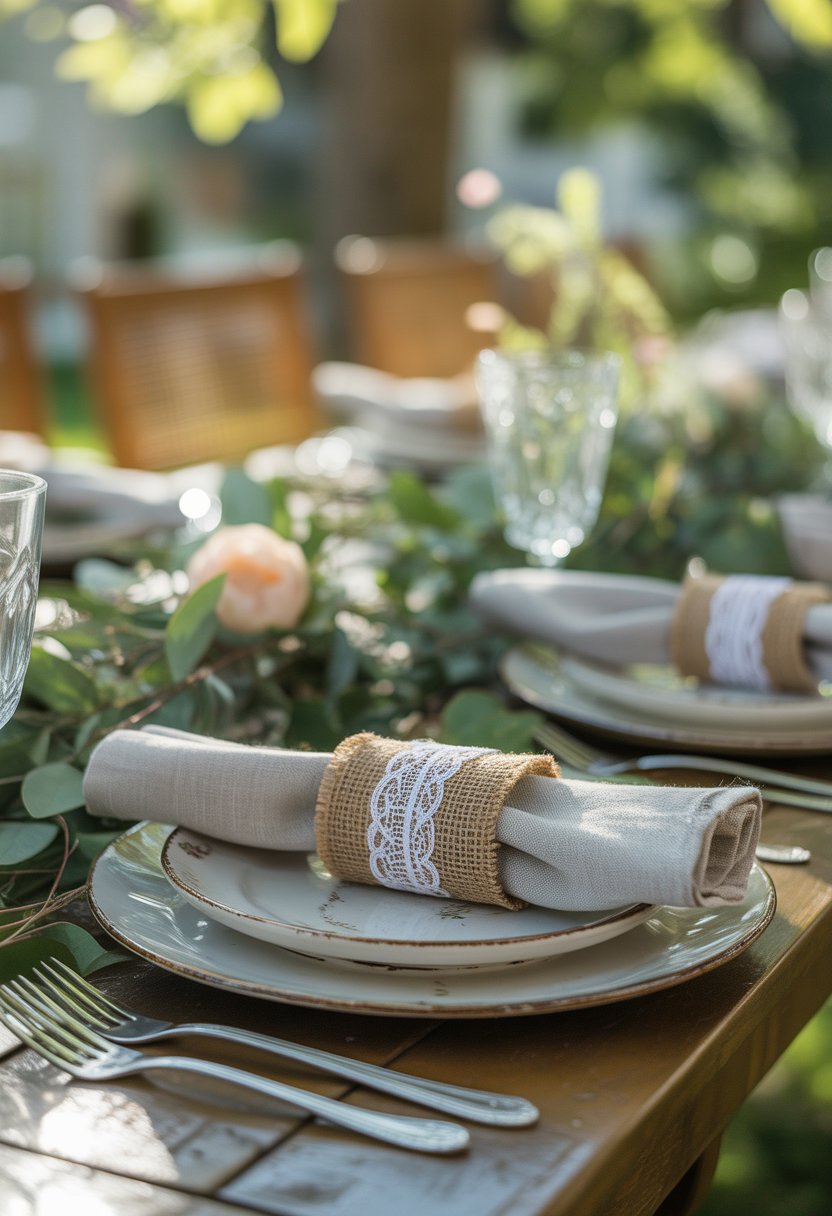 Close-up of burlap napkin rings with lace on folded napkins set on a wooden outdoor table surrounded by flowers and greenery.
