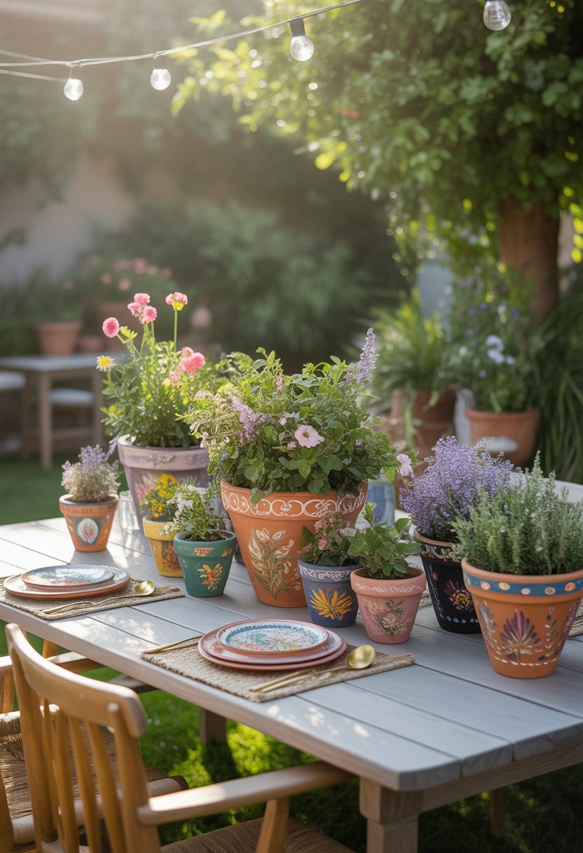 An outdoor garden table decorated with colorful hand-painted terra cotta pots filled with plants and flowers, surrounded by greenery and natural light.