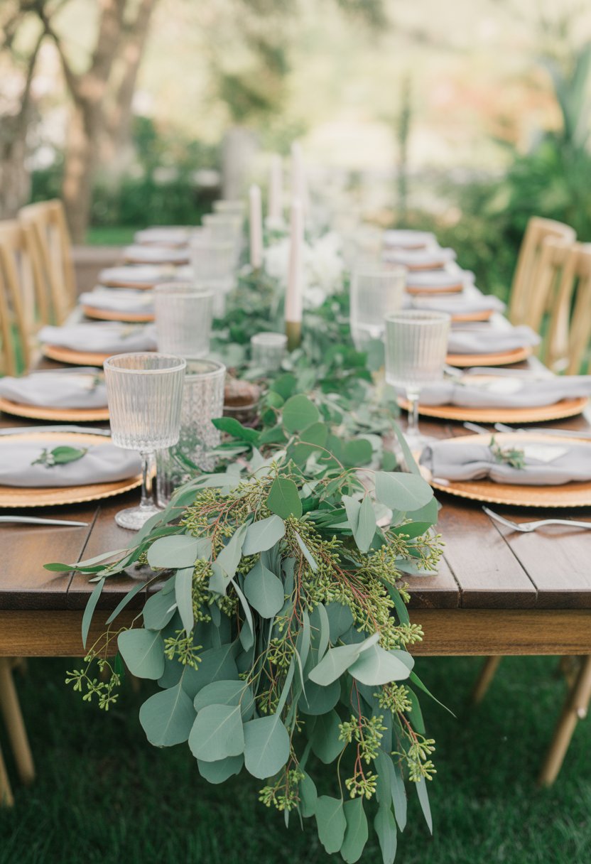 A long wooden table outdoors decorated with a green eucalyptus garland and set for a meal in a garden surrounded by trees and sunlight.