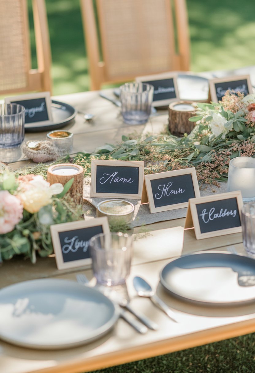An outdoor garden table set with mini chalkboard name tags, flowers, and elegant tableware surrounded by greenery.