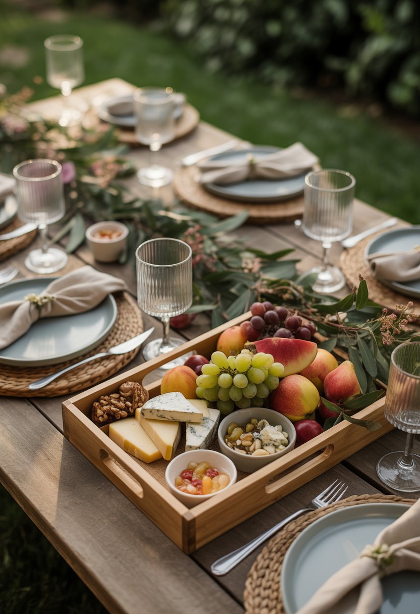 Wooden serving trays with fruits, cheeses, and dips on a wooden table outdoors surrounded by greenery and floral accents.