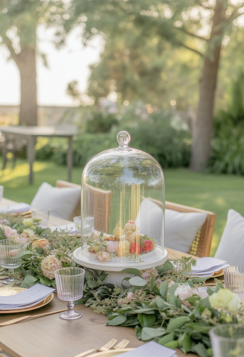Outdoor garden table set with a delicate glass cloche covering a floral centerpiece, surrounded by chairs and greenery in soft sunlight.