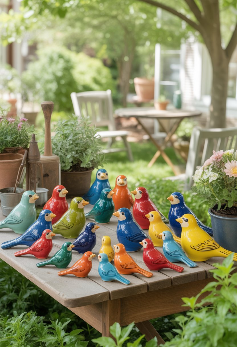 A collection of colorful ceramic bird figurines arranged on a wooden garden table surrounded by plants and flowers.