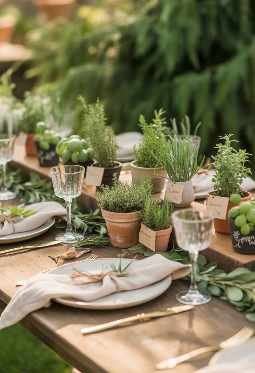 Outdoor garden table set with miniature herb pots as party favors surrounded by plates, napkins, glassware, and greenery.