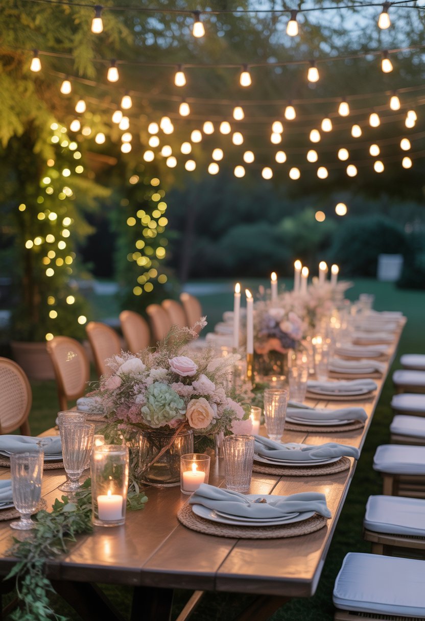 An outdoor garden table set for a gathering under warm string lights hanging overhead, surrounded by greenery and decorated with flowers and candles.