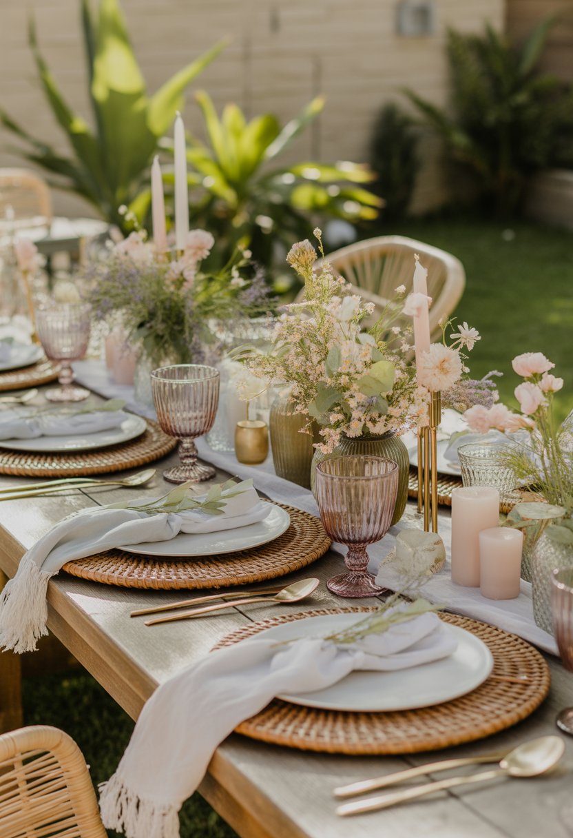 An outdoor garden table set with woven rattan chargers, flowers, glassware, and natural decor under soft sunlight.