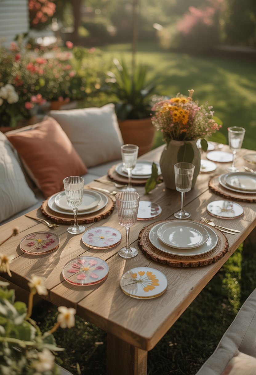 An outdoor wooden table in a garden set with pressed flower coasters, glassware, and plates surrounded by plants and flowers.