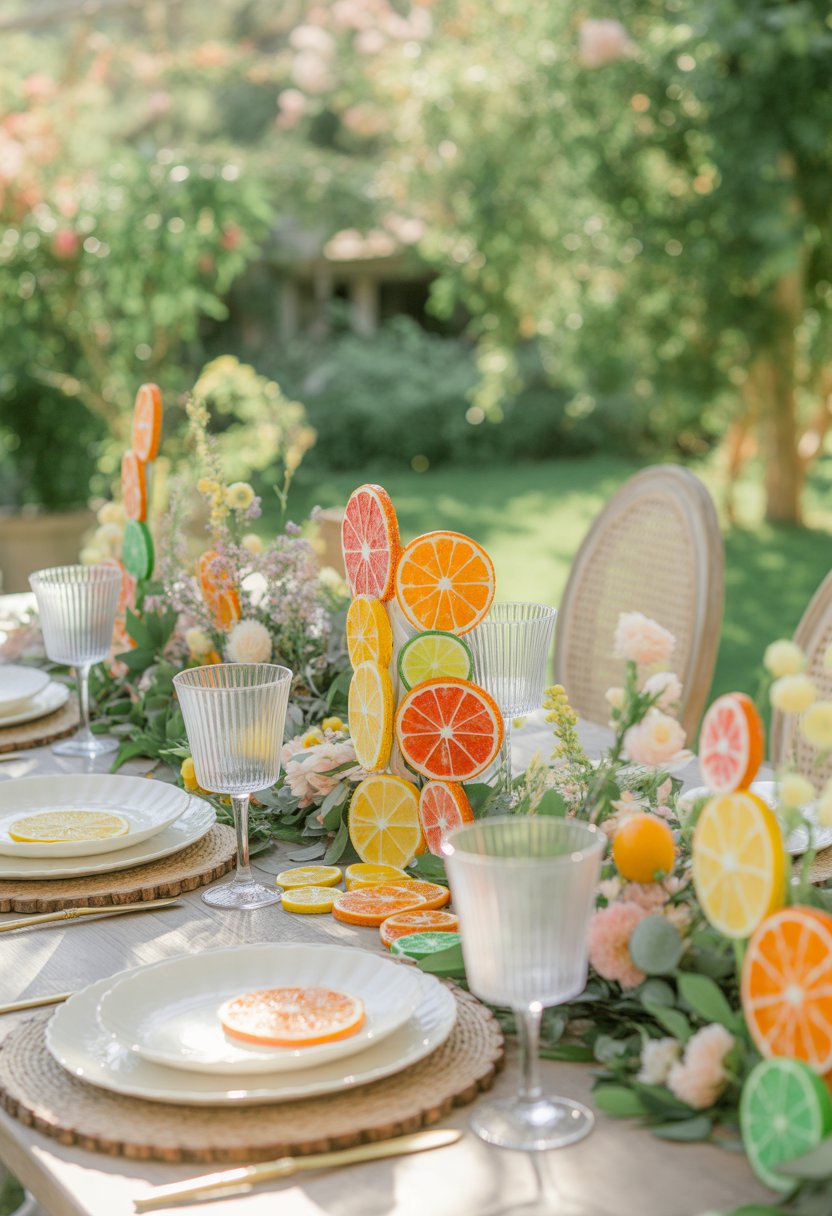 An outdoor garden table decorated with candied citrus slices, fresh flowers, glassware, and plates set for a gathering surrounded by greenery.