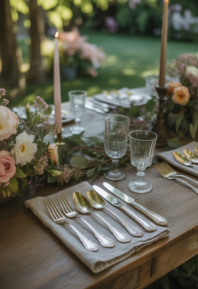 An outdoor garden table set with antique silverware, floral arrangements, and candles under natural sunlight.