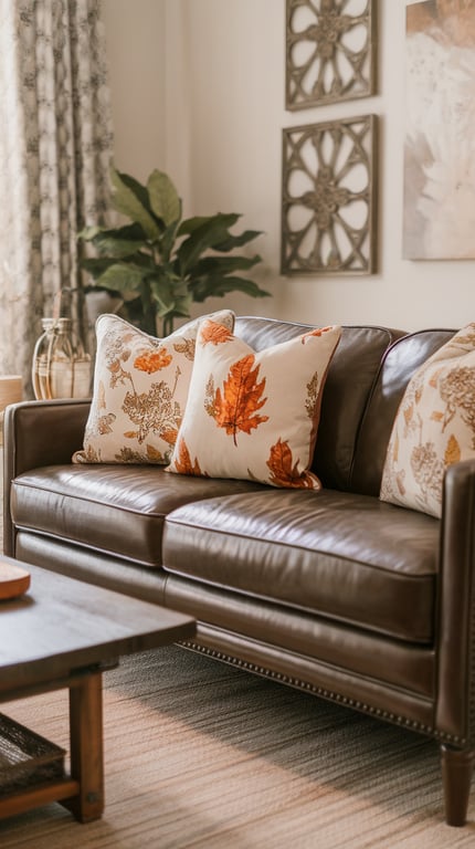 Cozy living room with seasonal throw pillows featuring autumn leaves on a brown leather couch.