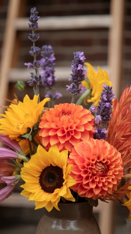 A vibrant floral arrangement with sunflowers, dahlias, and lavender in a rustic vase.