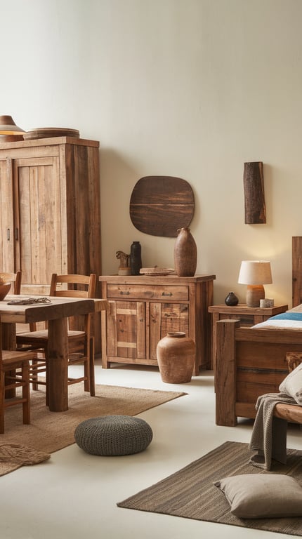 A cozy interior featuring rustic wooden furniture and decor.