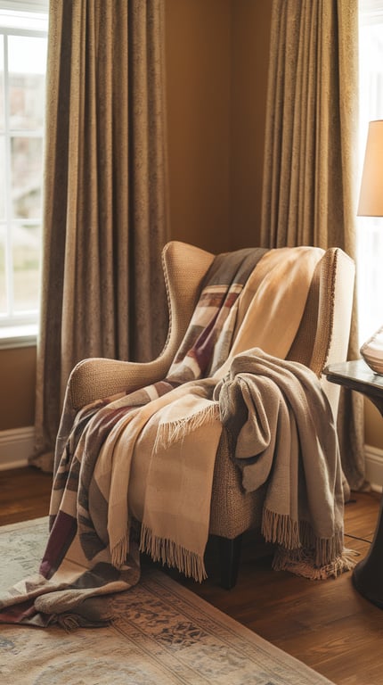 A cozy chair with layered blankets, inviting warmth and comfort.