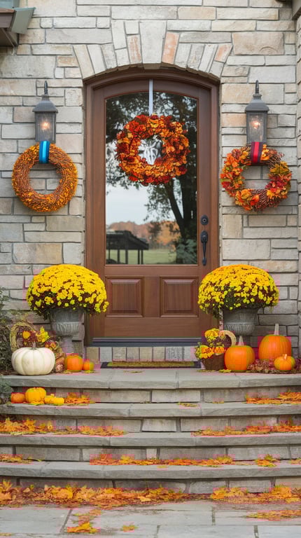 A cozy entryway decorated for fall with wreaths, pumpkins, and flowers.