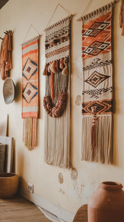 Three colorful textured wall hangings displayed on a wall.