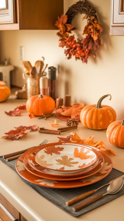 Charming kitchen decor featuring fall-themed plates, pumpkins, and a leaf wreath.