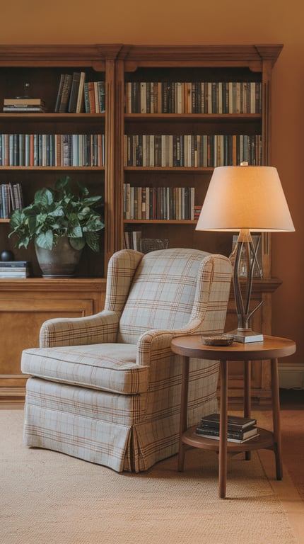 Cozy plaid armchair in a warm-toned room with bookshelves and a lamp.