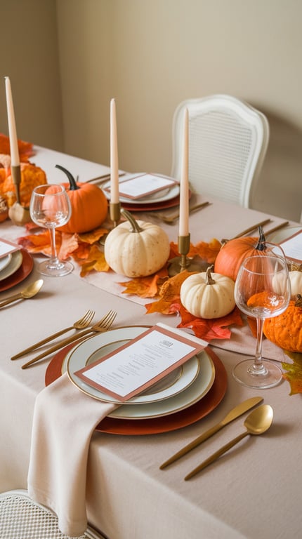 A beautifully set fall table with pumpkins, leaves, and elegant tableware.