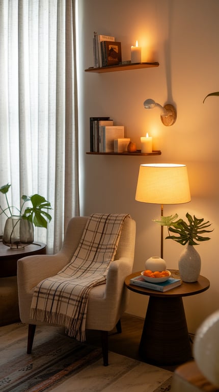 A cozy corner with warm lighting, featuring a chair, lamp, and decorative items.