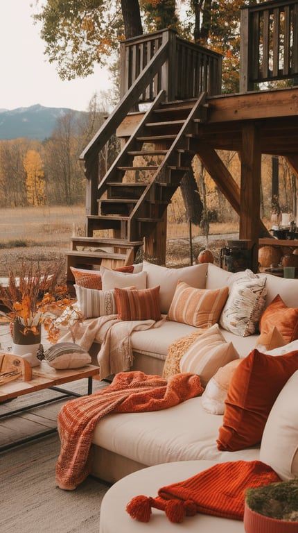 Cozy outdoor seating area with cushions and fall decor