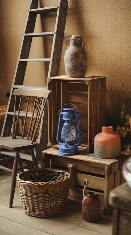 A cozy arrangement of vintage decor items including a blue lantern, pottery, and wooden crates.