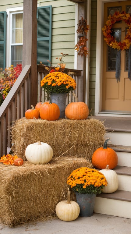 A cozy fall porch decorated with hay bales, pumpkins, and flowers.