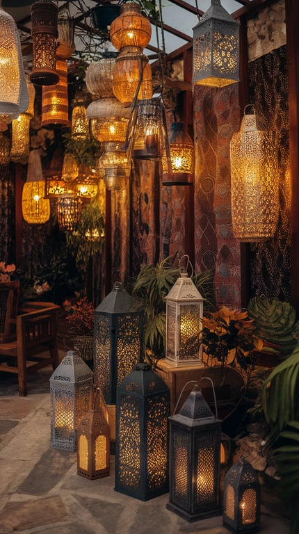 A collection of decorative lanterns with warm lights, creating a cozy atmosphere.