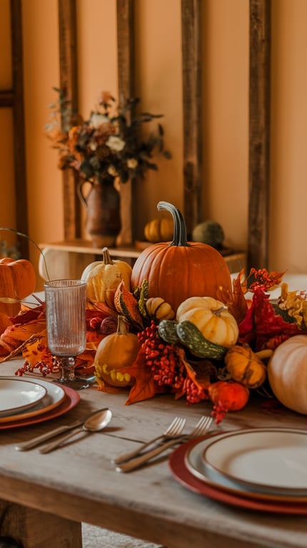 A beautifully arranged fall centerpiece featuring pumpkins, gourds, and autumn leaves on a dining table.