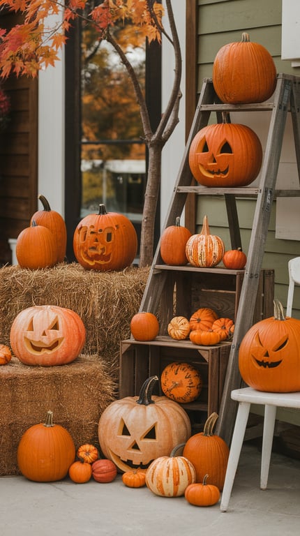 A collection of pumpkins in various sizes and colors, some carved, displayed on hay bales and a wooden ladder.