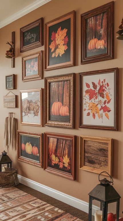 A cozy wall decorated with autumn-themed framed art, including leaves and pumpkins.