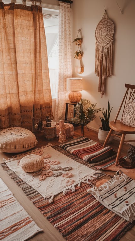 A cozy living space with layered rugs, warm lighting, and decorative elements.