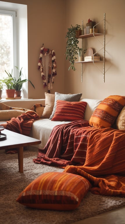 A cozy living room with warm colored textiles, including blankets and pillows, creating an inviting autumn atmosphere.